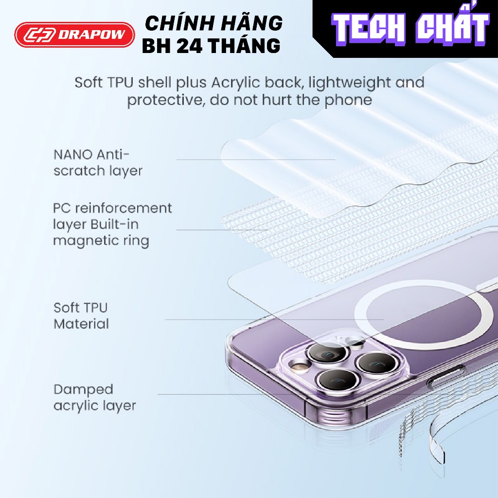 Ốp lưng từ tính trong suốt Drapow Clear Case Pro chính hãng cho iP tech chất x xs xr 11 12 13 14 15 plus Pro Max