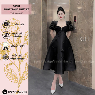 Váy cưới tafta dáng dài chân xòe tay bồng cổ vuông thiết kế, Đầm dự tiệc mùa thu sang trọng phối tay tơ đính đá tỉ mỉ
