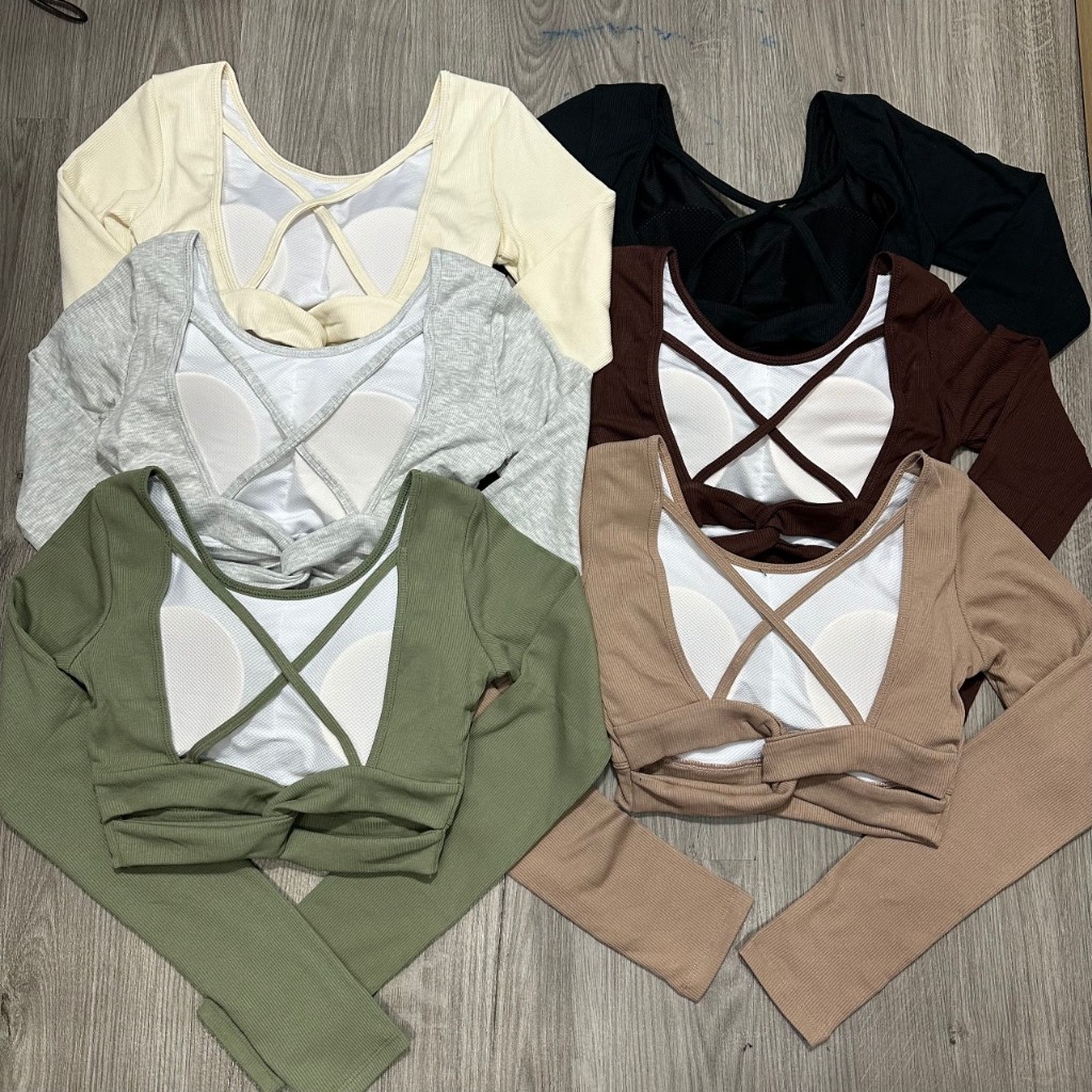 Áo Croptop Thể Thao Nữ Tay Dài Chéo Dây Vải Thun Gân Kèm Mút Có Tay Xỏ Ngón Co Dãn Tốt