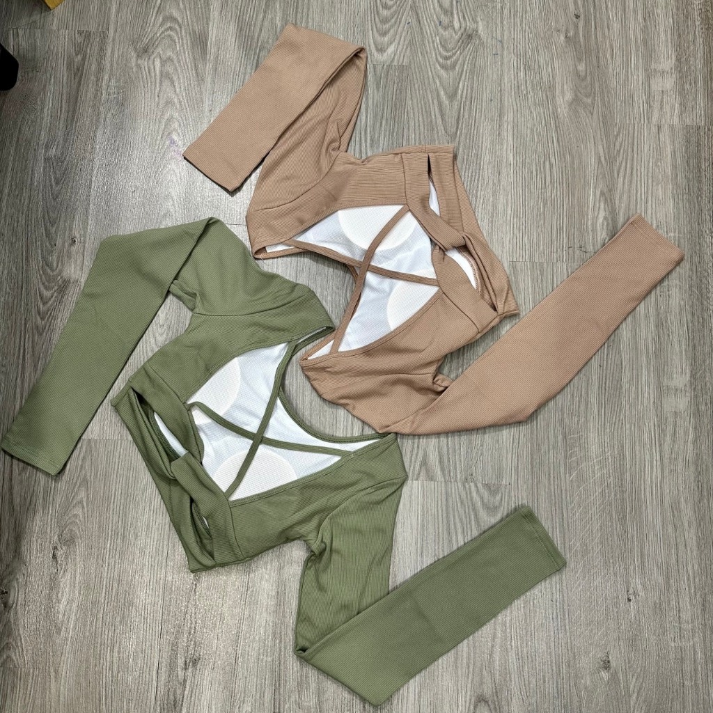 Áo Croptop Thể Thao Nữ Tay Dài Chéo Dây Vải Thun Gân Kèm Mút Có Tay Xỏ Ngón Co Dãn Tốt