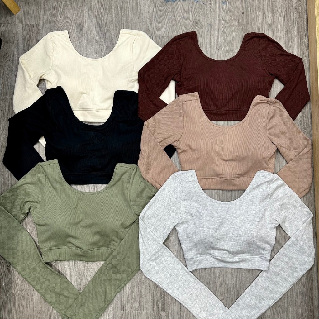 Áo Croptop Thể Thao Nữ Tay Dài Chéo Dây Vải Thun Gân Kèm Mút Có Tay Xỏ Ngón Co Dãn Tốt