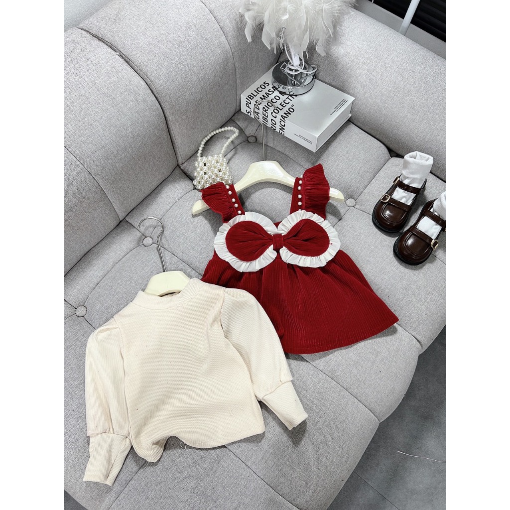 Sét váy nhung nơ đính ngọc cho bé gái siêu xinh