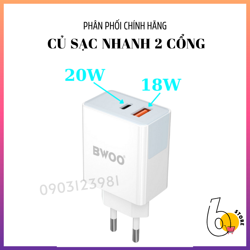Củ sạc nhanh 2 cổng 38W BWOO cho các dòng máy Iphone Samsung Oppoo Xiaomi