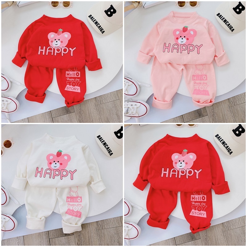 Bộ dài tay cho bé gái mùa thu hình gấu HAPPY 8-18 kg