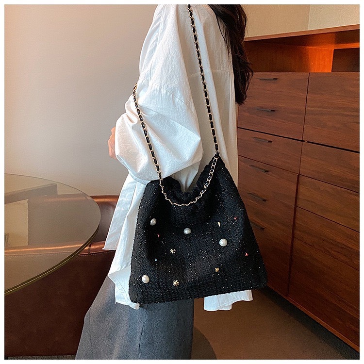 Túi xách vải tuyn rút dây, hoạ tiết đính charm, phong cách nhẹ nhàng thanh lịch