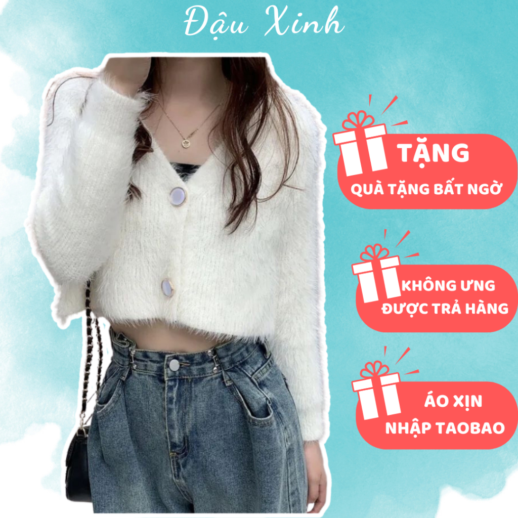 Áo len croptop lông thỏ có khoác kéo, áo khoác lông trắng dáng ngắn màu trắng, màu nâu shop Đậu Xinh - 129