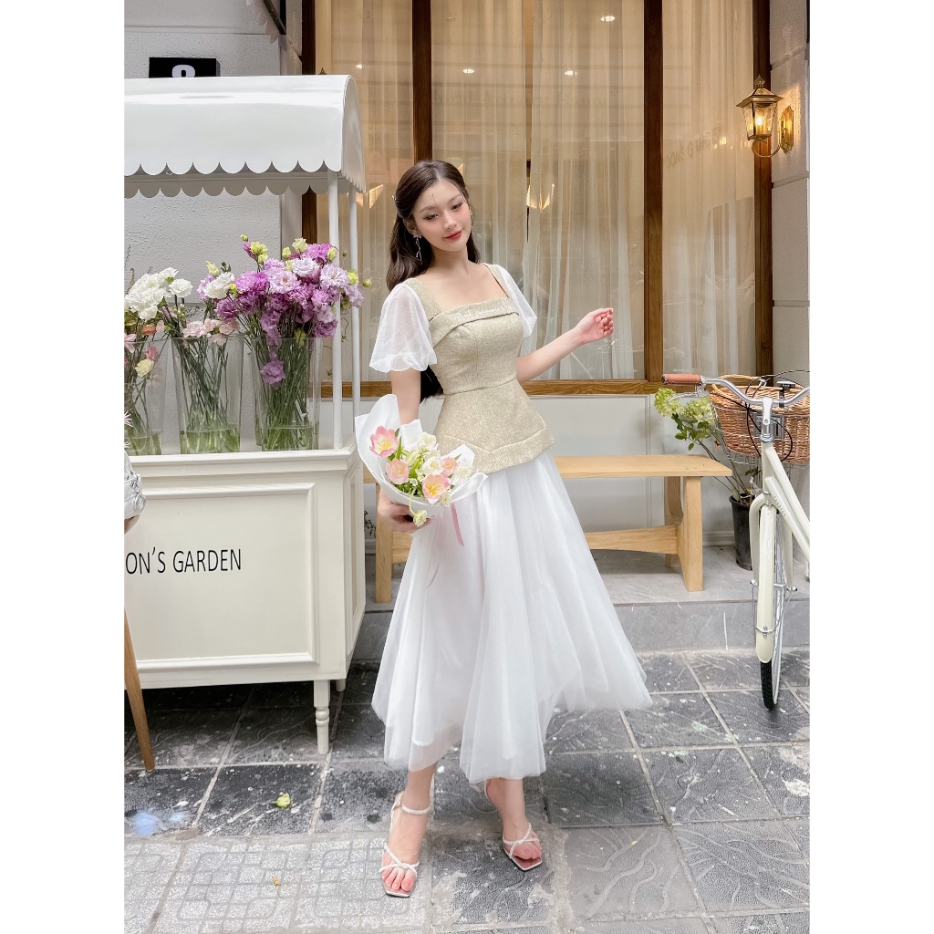 CHICHI - Váy dạ peplum phối lưới xòe dài Robe Soleil brille