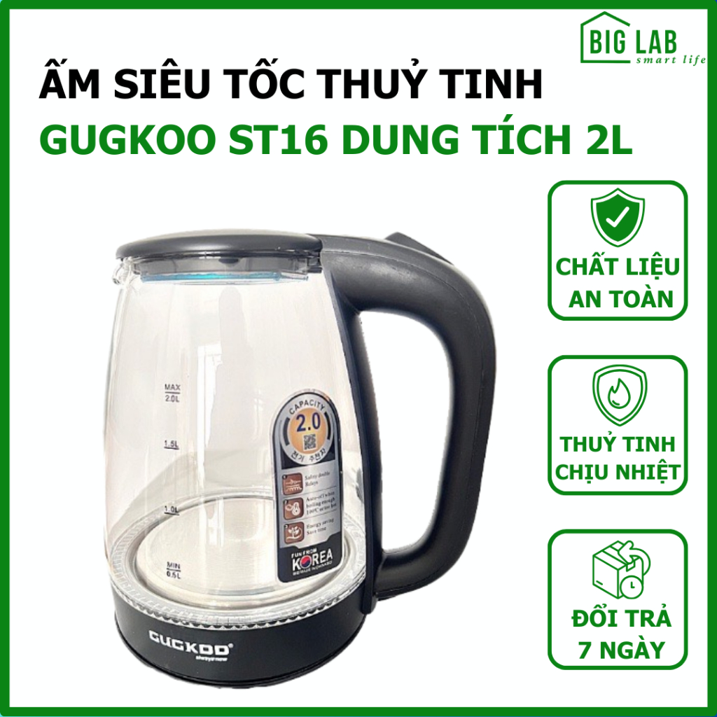 Ấm Siêu Tốc GUGKOO ST16 Dung Tích Lớn 2.0L Bình Siêu Tốc Thủy Tinh Cao Cấp Chịu Nhiệt Đun Sôi Nhanh Tiết Kiệm Điện