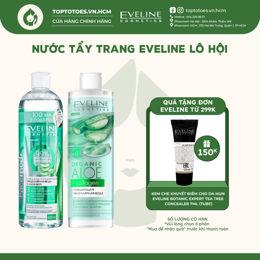 Nước tẩy trang Eveline Lô hội làm sạch hiệu quả, giữ ẩm cho da nhạy cảm