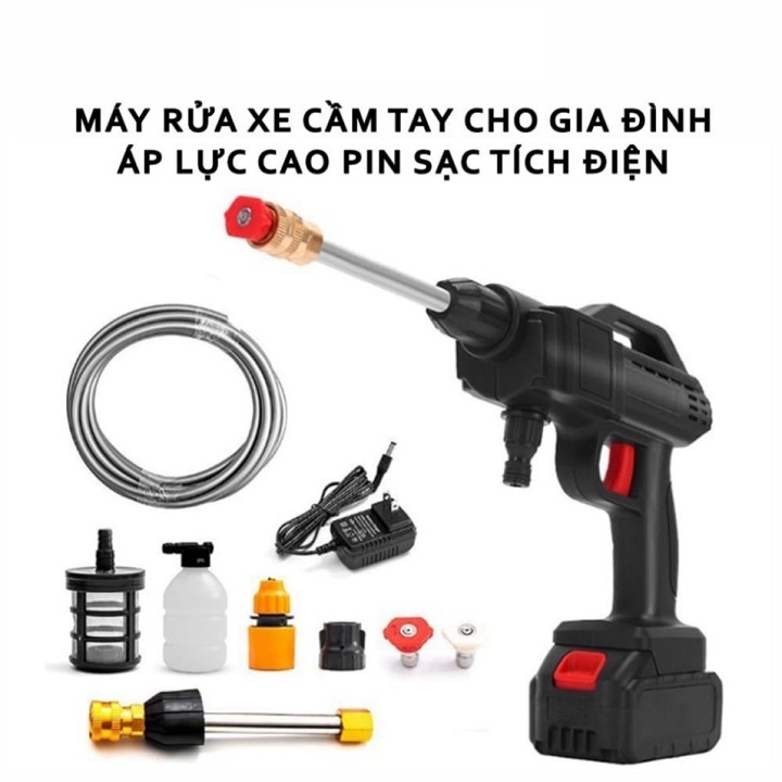 Máy rửa xe sạc pin không dây cao áp đa năng kèm phụ kiện dùng cho ô tô xe máy xe đạp, tưới cây