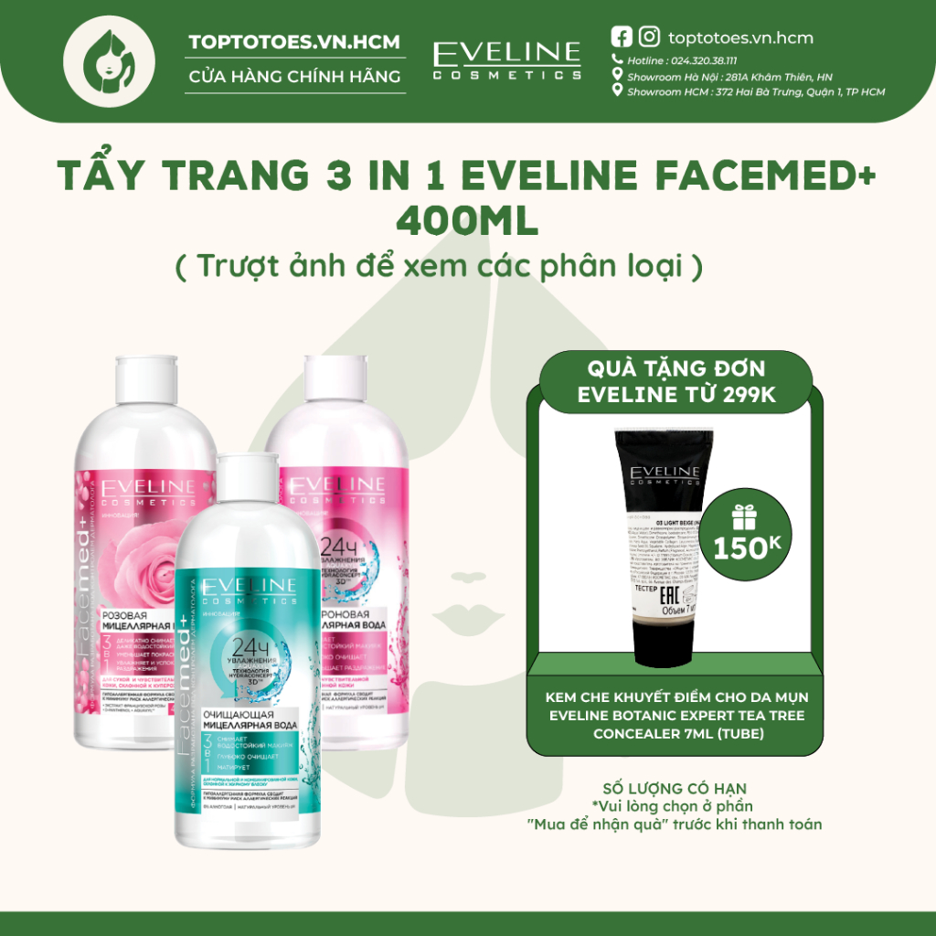 Tẩy trang 3 in 1 Eveline FACEMED+ giữ ẩm 24 giờ 400ml