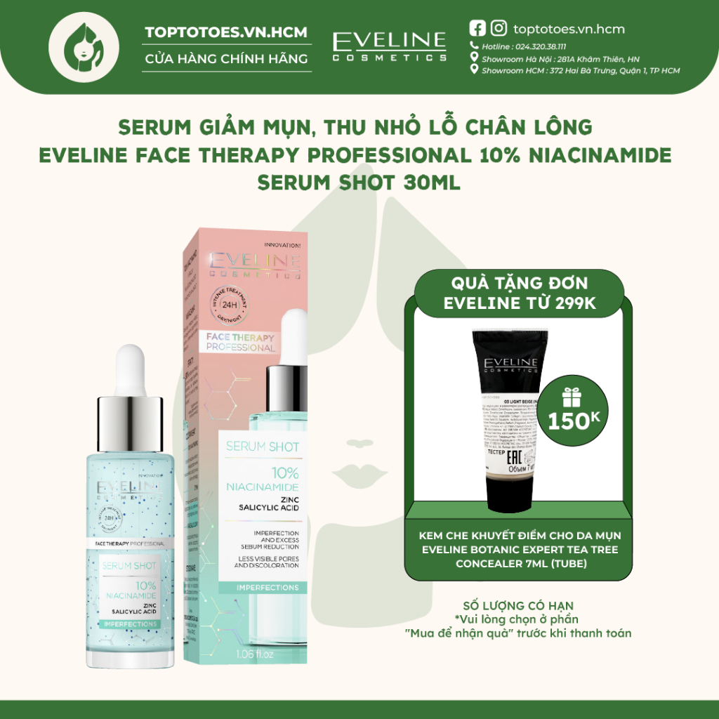 Serum Eveline 10% Niacinamide Glycol Therapy/ Face Therapy giảm mụn, mờ thâm, thu nhỏ lỗ chân lông
