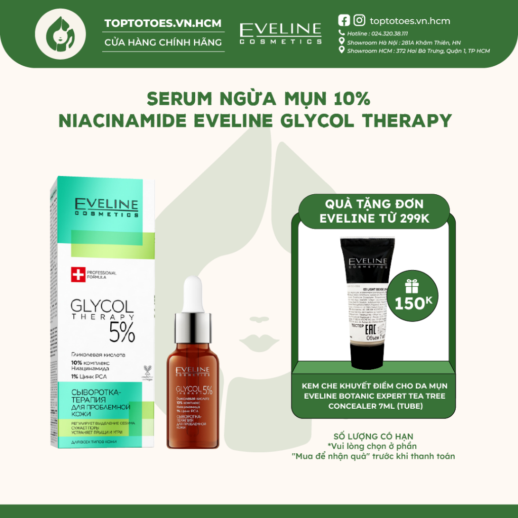 Serum Eveline 10% Niacinamide Glycol Therapy/ Face Therapy giảm mụn, mờ thâm, thu nhỏ lỗ chân lông
