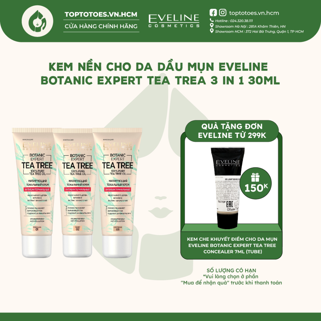 Kem nền cho da dầu mụn Eveline Botanic Expert Tea Tree 3 In 1 30ml