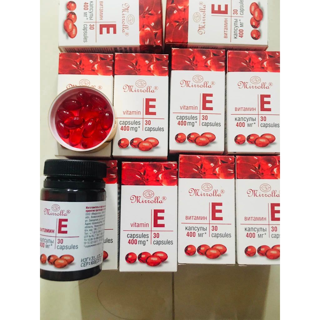 Viên uống Vitamin E đỏ Mirrolla Nga 400mg, Vitamin E đỏ làm đẹp trắng da chống lão hoá hộp 30 viên