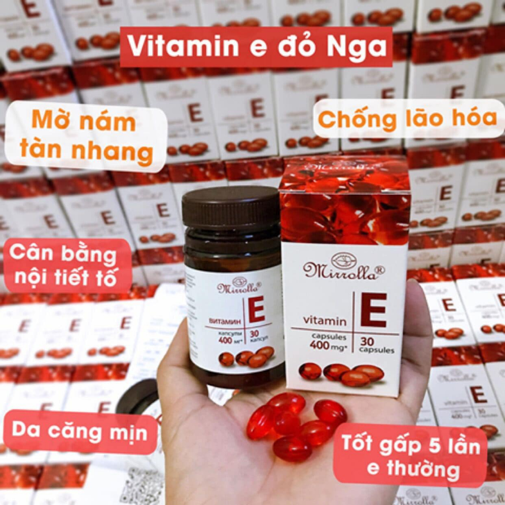 Viên uống Vitamin E đỏ Mirrolla Nga 400mg, Vitamin E đỏ làm đẹp trắng da chống lão hoá hộp 30 viên