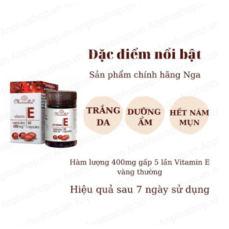 Viên uống Vitamin E đỏ Mirrolla Nga 400mg, Vitamin E đỏ làm đẹp trắng da chống lão hoá hộp 30 viên