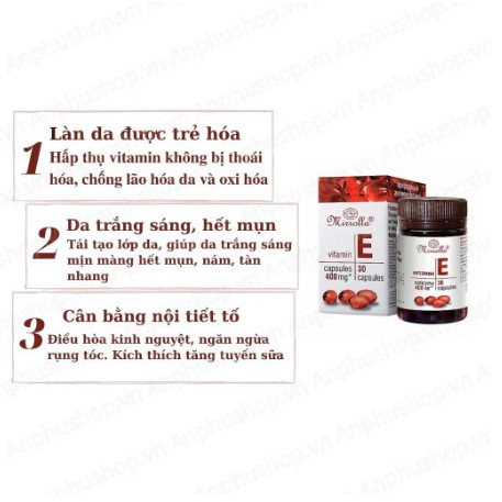 Viên uống Vitamin E đỏ Mirrolla Nga 400mg, Vitamin E đỏ làm đẹp trắng da chống lão hoá hộp 30 viên