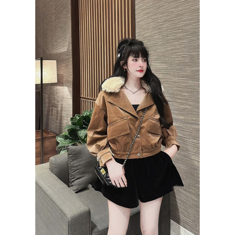 Áo da nhung tuyết lót lông hoạ tiết dập nổi