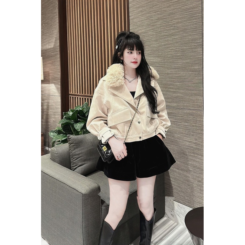 Áo da nhung tuyết lót lông hoạ tiết dập nổi