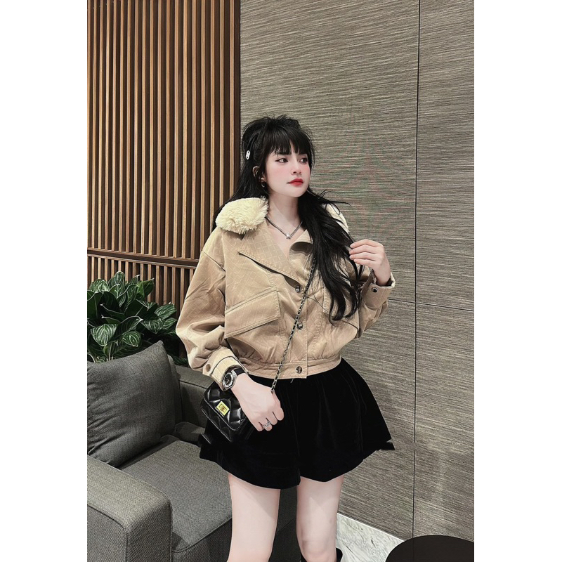 Áo da nhung tuyết lót lông hoạ tiết dập nổi