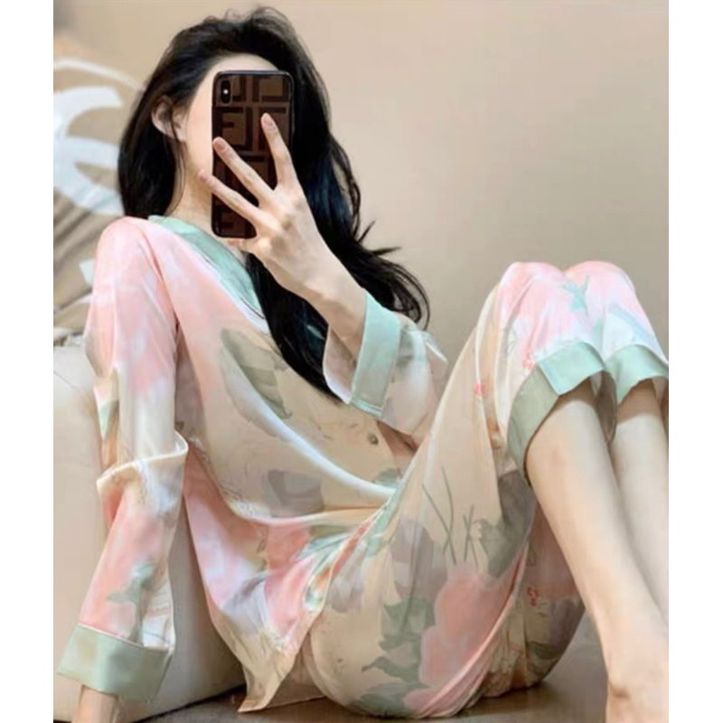 Bộ pizama lụa qc hoạ tiết hồng xanh cho nữ