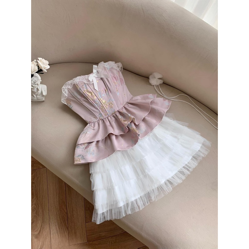 Set áo corset gấm tùng xoè phối viền nơ nhí và chân váy tầng tiểu thư bánh bèo cho nàng dự tiệc sang chảnh