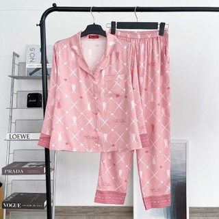 Bộ mặc nhà pyjama lụa cao cấp Tea Store tay dài quần dài họa tiết thỏ vuông hồng