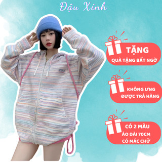 Áo khoác len có mũ hoodie dáng dài rộng màu hồng, màu nâu muối tiêu, áo khoác mỏng nhẹ chống nắng - 189