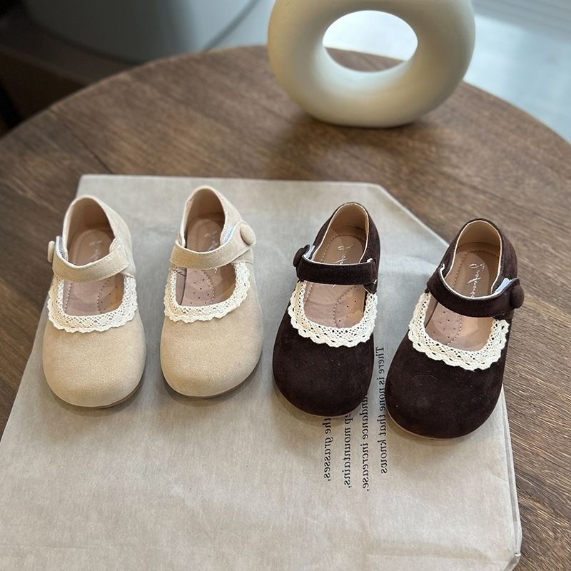 Giày búp bê da lộn viền ren tiểu thư cho bé gái