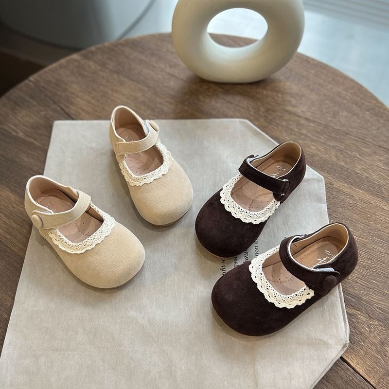 Giày búp bê da lộn viền ren tiểu thư cho bé gái