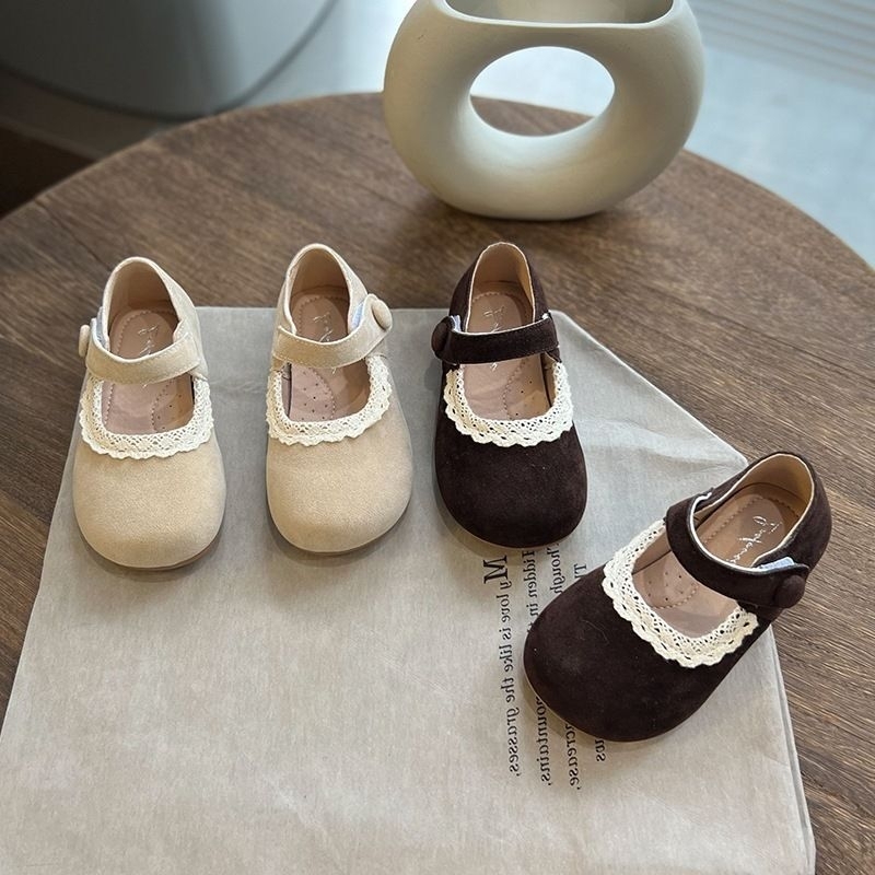 Giày búp bê da lộn viền ren tiểu thư cho bé gái