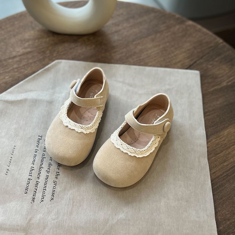 Giày búp bê da lộn viền ren tiểu thư cho bé gái
