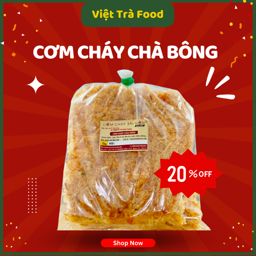 Cơm cháy chà bông, cơm cháy đáy nồi, cơm cháy sài gòn, cơm cháy siêu chà bông, cơm cháy, 250g, đồ ăn vặt Việt Trà Food