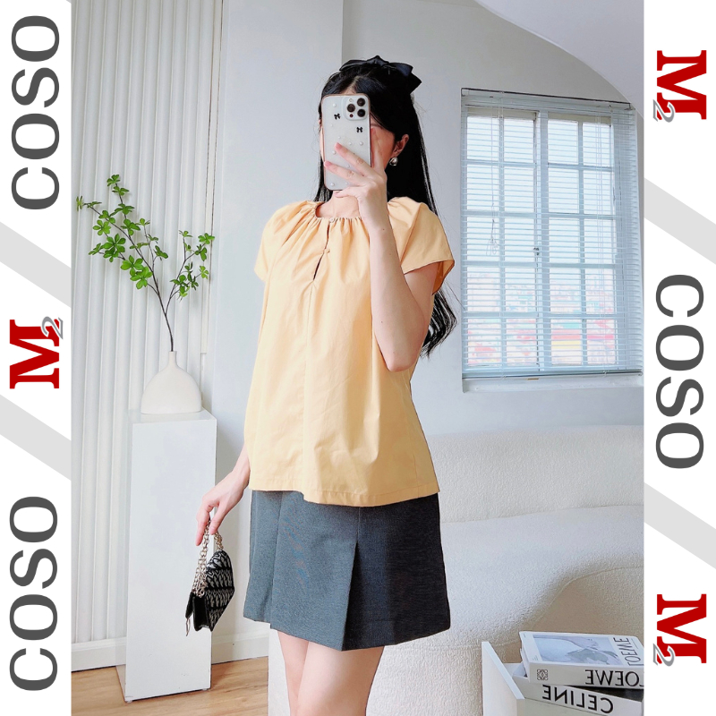 Áo Sơ Mi Nữ COSO Công Sở Kiểu Cổ Nhún Sát Nách Thoải Mái Dáng Suông Chất Thô Mềm CSA09