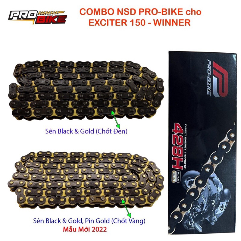 Sên ProBike Vàng, Vàng Đen chính hãng 428 9li 10li 124 mắt , 132 mắt về sử dụng mọi loại xe số