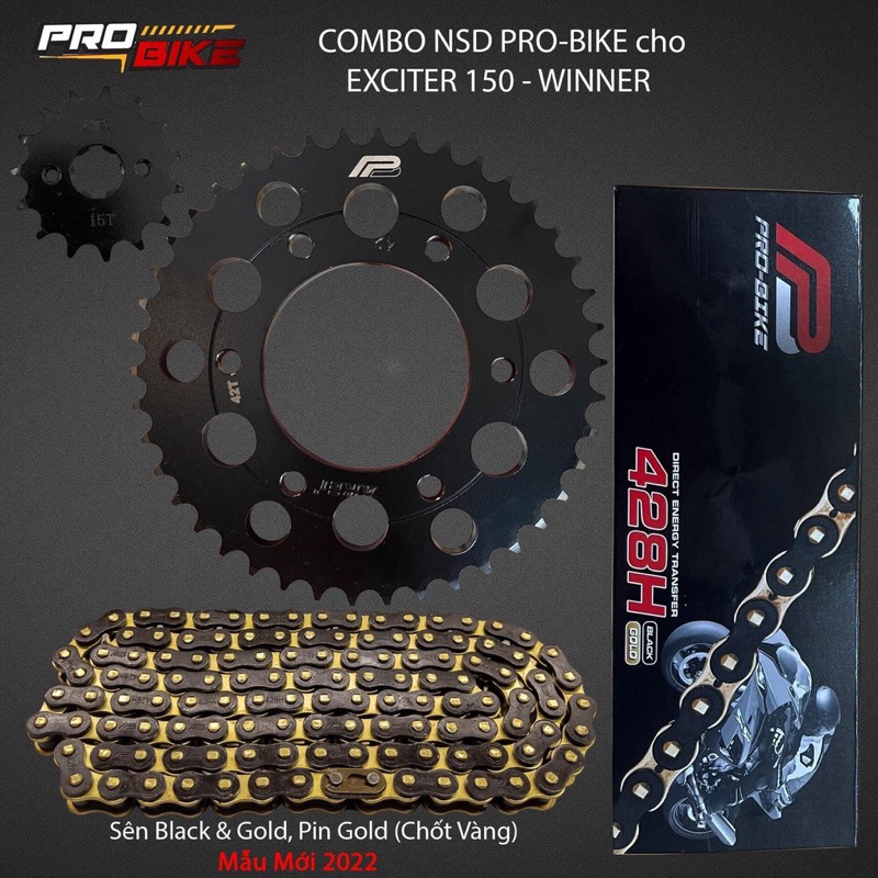 Sên ProBike Vàng, Vàng Đen chính hãng 428 9li 10li 124 mắt , 132 mắt về sử dụng mọi loại xe số
