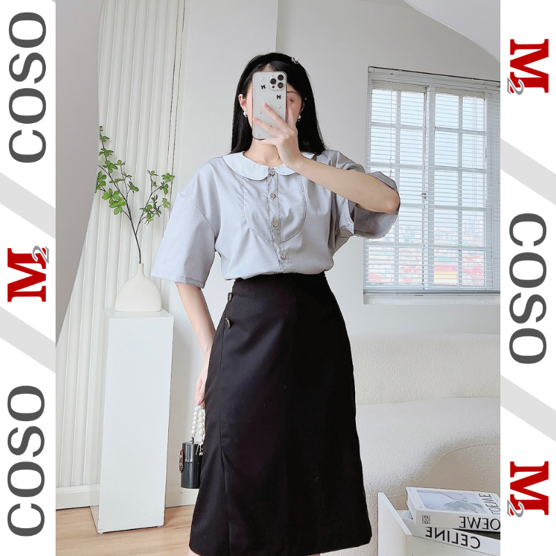 Áo Sơ Mi Nữ COSO Công Sở Kiểu Cổ Sen Cộc Tay Dáng Suông Chất Thô Mềm CSA03