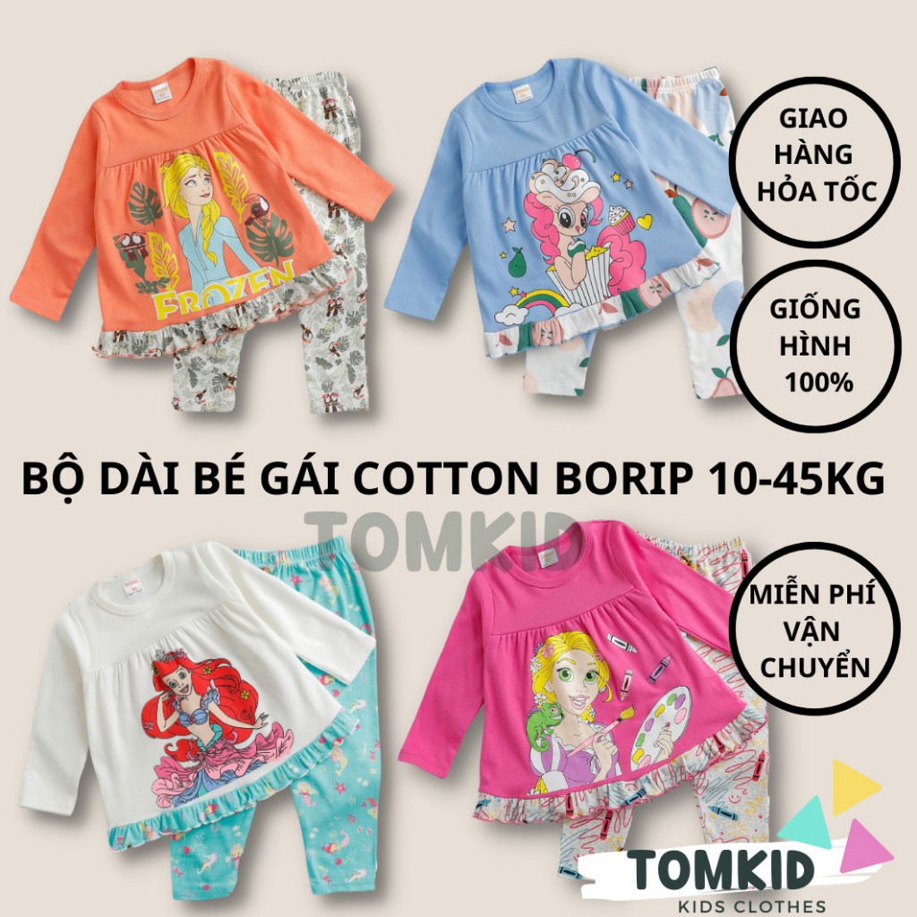 Đồ ngủ cho bé gái, đồ bộ dài tay bé gái chất cotton BORIP chính phẩm mềm mịn không nhão vải 10-45kg Tomkids