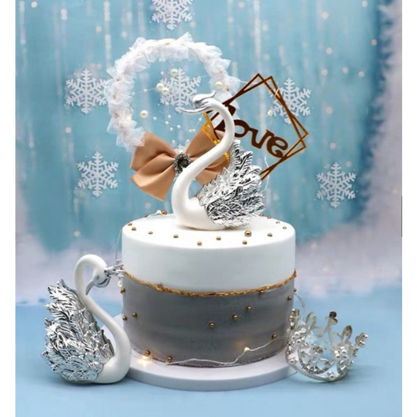 Bộ 2 Thiên Nga Nhũ trang trí bánh kem, Thiên Nga trang trí Tráp Cưới