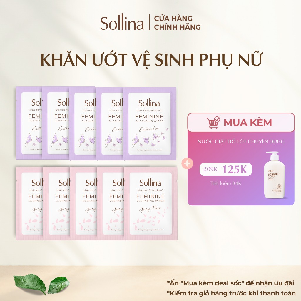 Combo 20 gói khăn giấy ướt vệ sinh phụ nữ Sollina độ ẩm vừa phải giúp vùng kín khô thoáng dễ chịu 20gói/ hộp