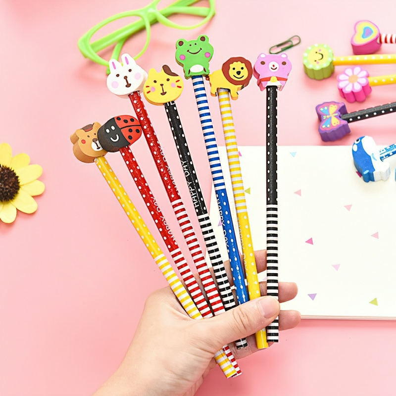 10 Bút chì gỗ kèm đầu tẩy hoạt hình dễ thương cho bé, đồ dùng học tập dễ thương văn phòng phẩm quà tặng học sinh-BOMME