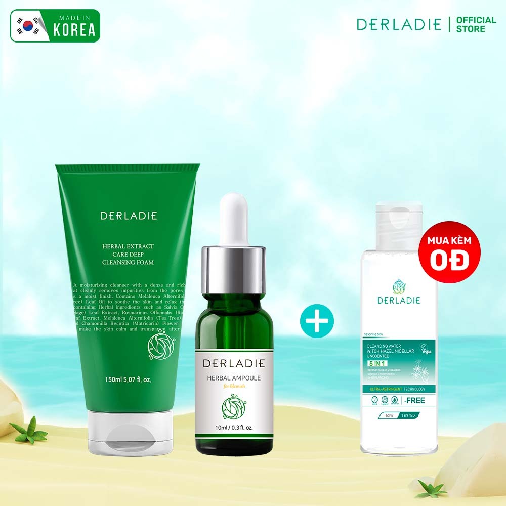 Bộ Đôi Giảm Mụn, Kiềm Dầu Chiết Xuất Tràm Trà SRM Derladie Herbal Extract 150ml, Serum Derladie Herbal Extract 10ml