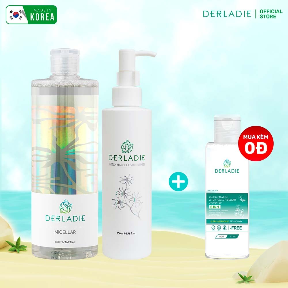 Bộ Đôi Làm Sạch Da Ngừa Mụn Tẩy Trang 500ml, Sữa Rửa Mặt Derladie Witch Hazel Cleansing Gel 200ml