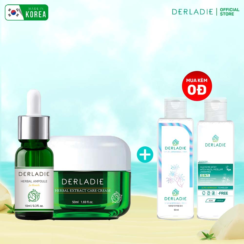 Bộ Đôi Serum Giảm Mụn Khô Cồi Derladie 10ml, Kem Dưỡng Tràm Trà Derladie Herbal Extract Care Cream 50ml