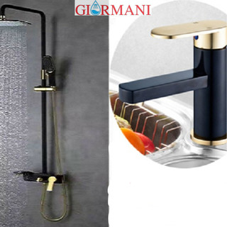 Com bo bộ sen cây tắm giormani kèm vòi chậu lavabo vàng đen cao cấp sc02-snl23