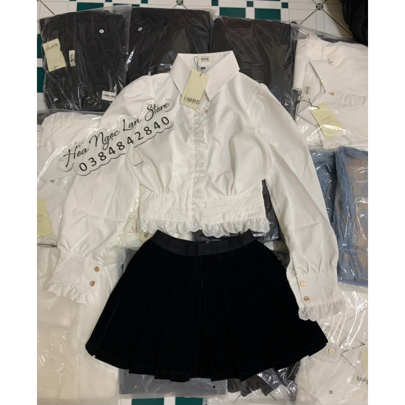 ẢNH THẬT-set sơ mi pha ren trắng kèm nơ tách rời mai phương bùi fulltag mac 2 tem
