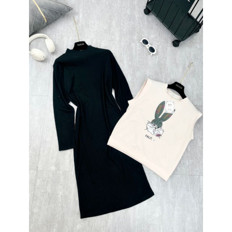 SET BỘ VÁY LEN TĂM DÀI MIX ÁO GHILE THỎ