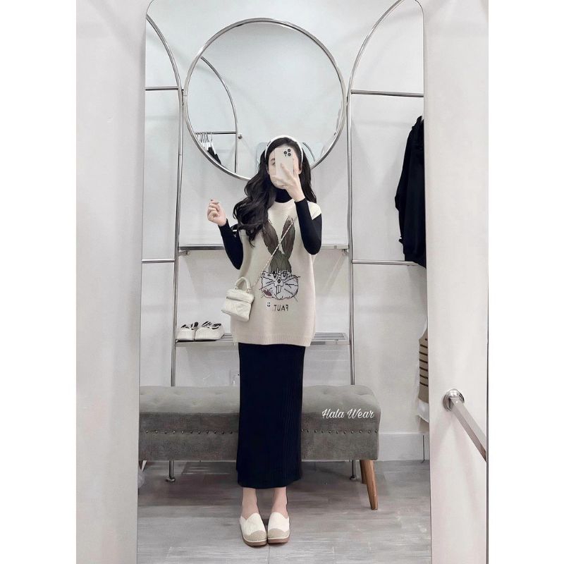 SET BỘ VÁY LEN TĂM DÀI MIX ÁO GHILE THỎ