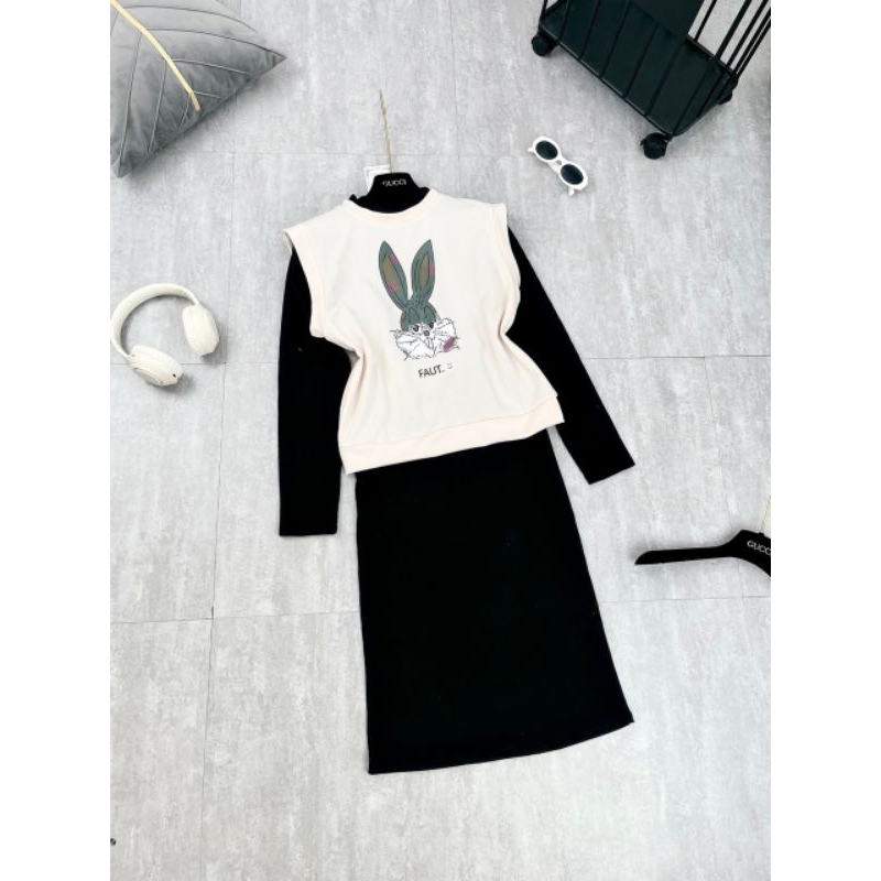 SET BỘ VÁY LEN TĂM DÀI MIX ÁO GHILE THỎ